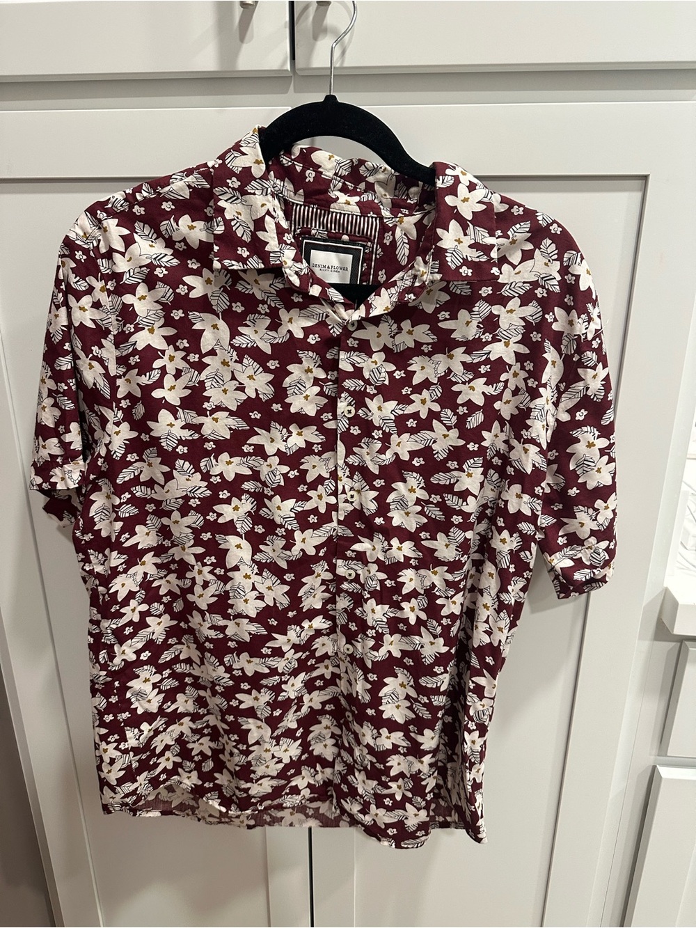 Denim & Flower Men's Burgundy Floral Short-Sleeve Button-Down Shirt size L